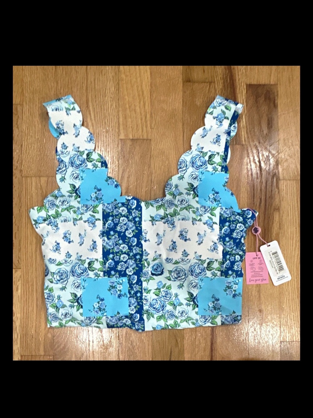 Simply Southern Blue Floral Patchwork Scallop Strap Crop Top SPF 50 M